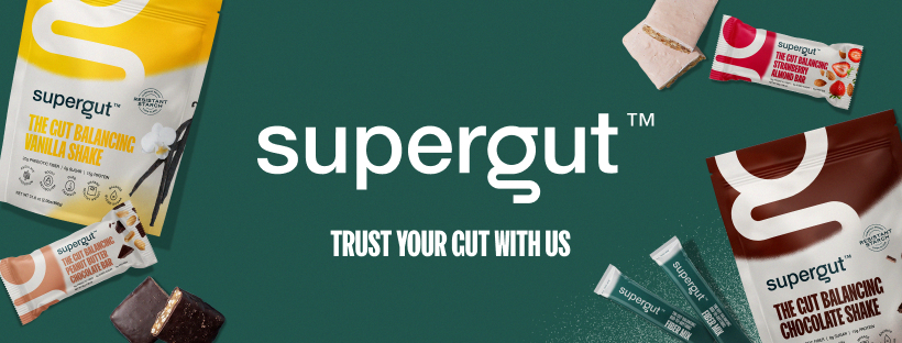A Supergut logo with shakes and bars on green