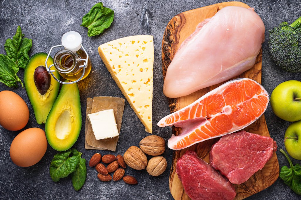An image of keto foods like fish and meat on a counter